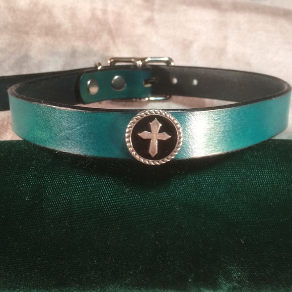 Dominion Leather Jewelry - Teal Leather Choker with Cross Medallion